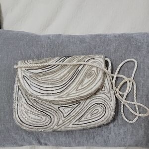 Walborg Silver Beaded Clutch with Swirl Detail